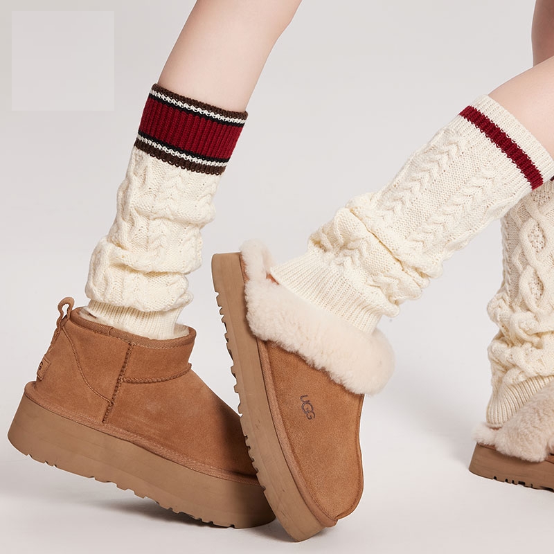 秋冬白色针织袜套配靴子长筒女甜美麻花纹拼色小腿袜保暖堆堆袜