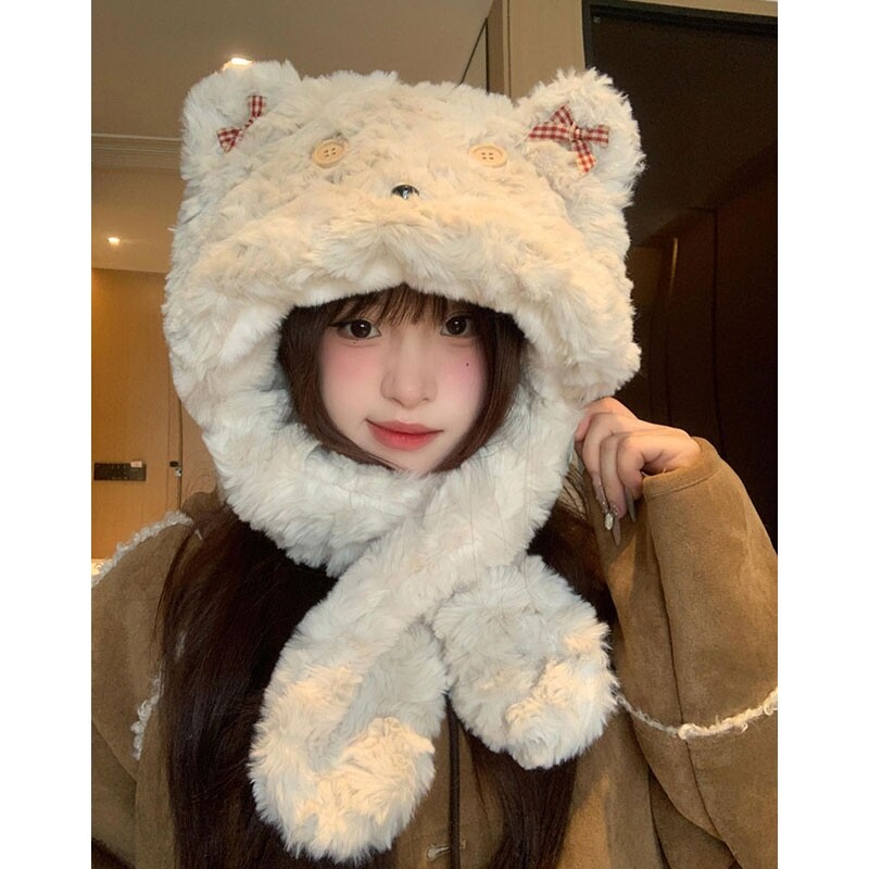 围巾帽子冬一体女可爱纽扣小熊毛绒帽女2025年冬季加厚保暖护耳