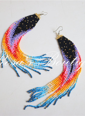 Handmade Beading 手作手工编织超长米珠彩虹渐变流苏耳夹耳环