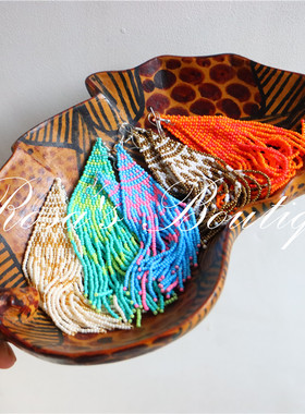 手作手工编织米珠长款流苏部落印花摇曳耳钉耳环耳夹民族风个性