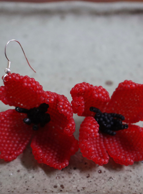 Poppy Handmade beading toho 手工编织米珠立体罂粟花耳环耳夹