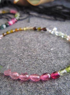 天然原石巴西水滴刻面彩虹彩色碧玺手链 纯净碧玺S925银手链 女