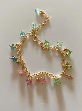 瑞铺原创 春华镀14K金纯朴天然原石随形糖果粉红蓝西瓜碧玺手链女