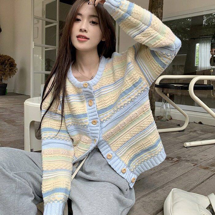초봄 가을 2024 새로운 한국 스타일의 느슨한 줄무늬 겉옷 여성용 다용도 니트 스웨터 얇은 카디건 재킷