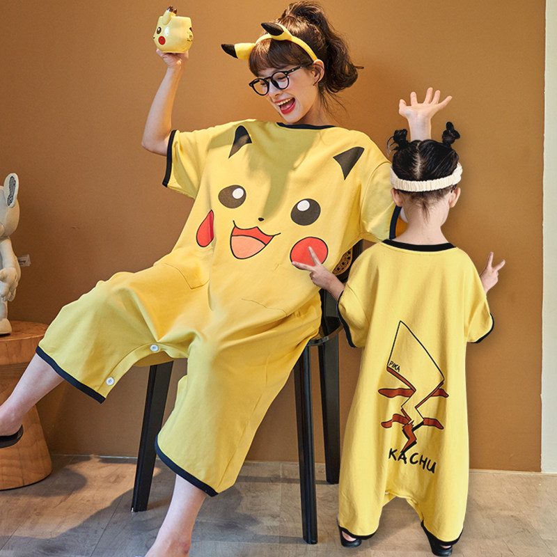 宝宝睡衣夏连体薄款纯棉卡通宽松大码母女童睡裙短袖亲子家居服