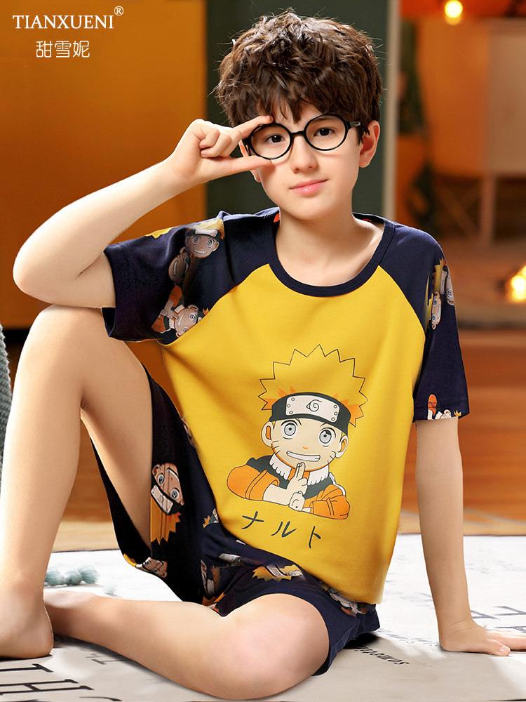 BOYS PAJAMAS SUMMER THIN COTTON MEDIUM AND LARGE CHILDRENS COTTON SHORT SLEEVE CHILDRENS BOYS AIR CONDITIONING LOUNGEWEAR SET SUMMER