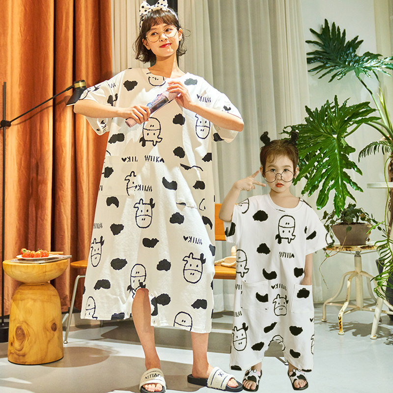 女童连体睡衣夏季薄款亲子纯棉中大童可爱奶牛母女孩连身睡裙宝宝