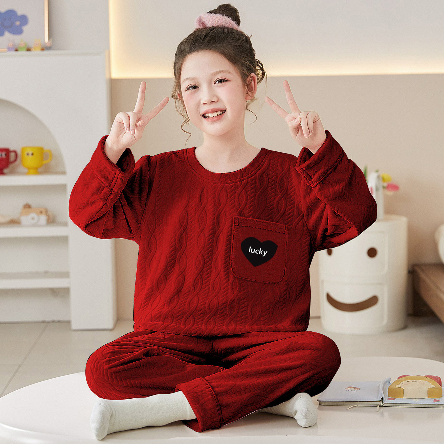 红色本命年加绒加厚女孩睡衣套装