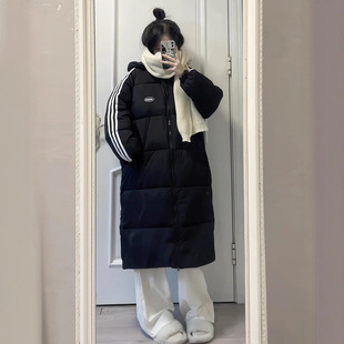 羽绒棉服女2025新款冬学院风三条杠棉袄外套长款过膝学生棉衣外套