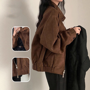 美式复古麂皮绒外套女2025春秋季爆款小个子高级感短款夹克上衣潮