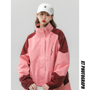 春季新款立领连帽撞色拼接情侣冲锋衣登山服夹克 JK18/P65/98图片
