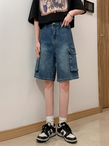夏季工装五分裤潮流大口袋情侣水洗牛仔短裤K2206/ P65图片