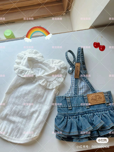 tangqi新版 狗狗娃娃领蕾丝边打底衫 背带重工水洗牛仔裙小型犬服装