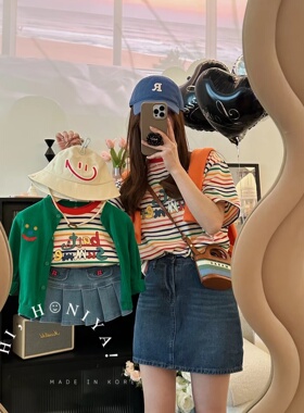 Spring韩国童装夏季亲子装儿童彩色条纹卡通字母休闲圆领T恤短袖