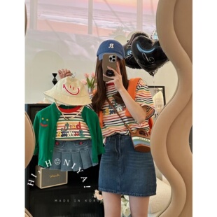 儿童彩色条纹卡通字母休闲圆领T恤短袖 亲子装 夏季 Spring韩国童装