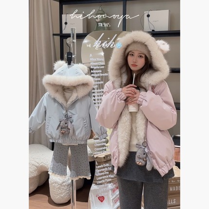 Spring韩国童装2025年冬季新款亲子仿貂毛两面穿外套女童三防夹克