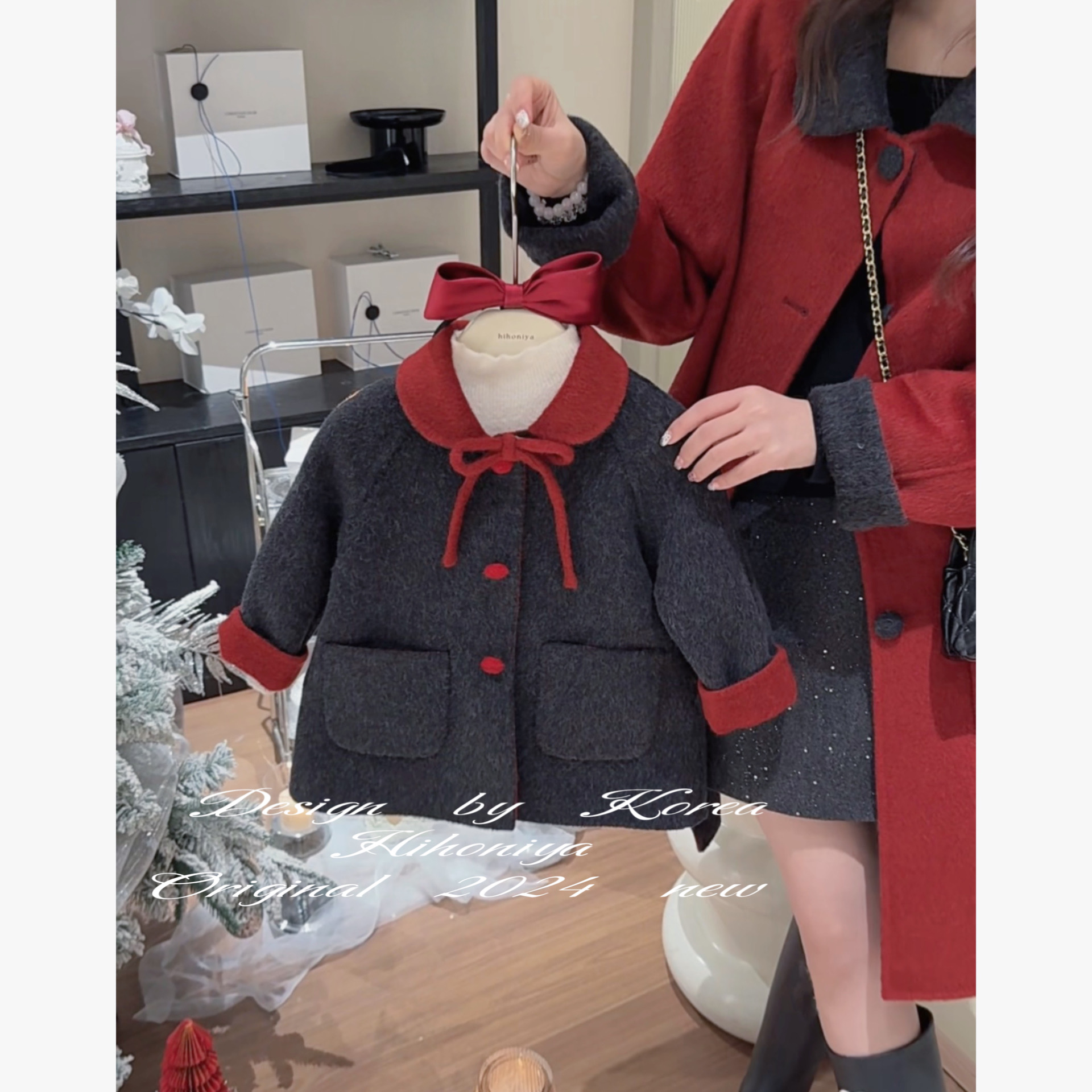 Spring韩国童装2024冬季新款高级千金娃娃领双面呢大衣韩版亲子款