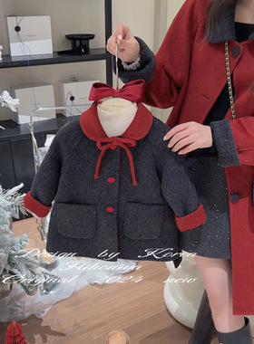 Spring韩国童装2024冬季新款高级千金娃娃领双面呢大衣韩版亲子款