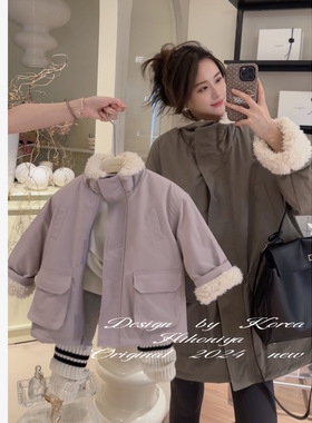Spring韩国童装2024冬季亲子款羊羔毛中长款韩版外套女童保暖上衣