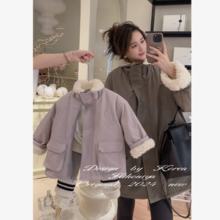 Spring韩国童装2024冬季亲子款羊羔毛中长款韩版外套女童保暖上衣