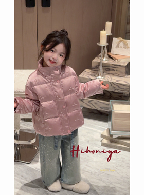 Spring韩国童装2026冬季新款亲子甜美粉色立领羽绒服女童保暖外套