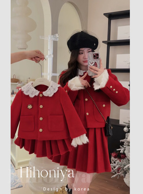 Spring韩国童装 新国标90白鸭绒手工钩织拼接外套半身裙新年套装