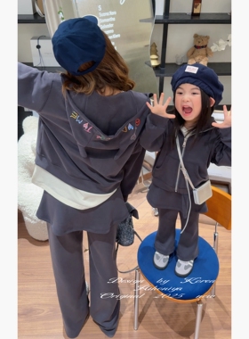 Spring韩国童装2025秋季新款亲子刺绣字母连帽卫衣女童直筒休闲裤