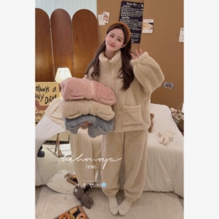 Spring韩国童装2025秋冬新款亲子绒绒羊羔毛家居服女童保暖两件套