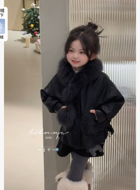 Spring韩国童装2025年冬季新款亲子皮衣狐狸毛羽绒服女童保暖外套