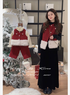 Spring韩国童装2024冬季亲子红色拜年服羊毛马甲韩版套装女童裤子
