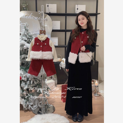 Spring韩国童装2024冬季亲子红色拜年服羊毛马甲韩版套装女童裤子