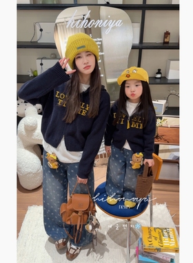 Spring韩国童装2025秋冬新款亲子字母软糯圆领套头毛衣女童针织衫