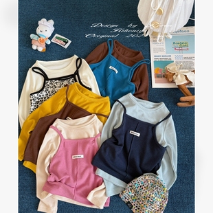 Spring韩国童装2025年秋季新款亲子真两件叠穿撞色上衣女童T恤衫