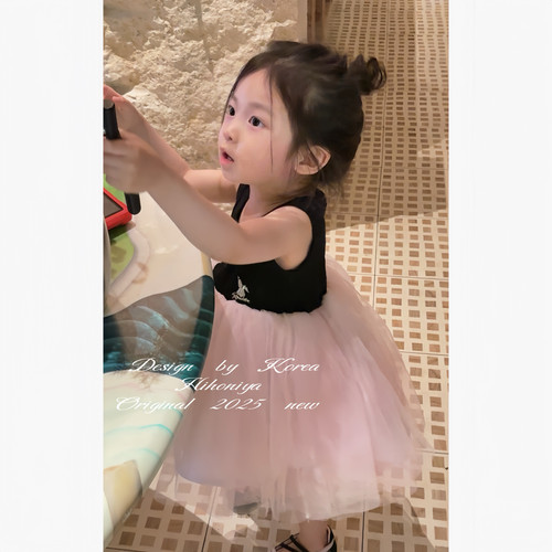 Spring韩国童装2025年夏季新款宝宝黑色拼接纱蓬蓬纱女童透气纱裙