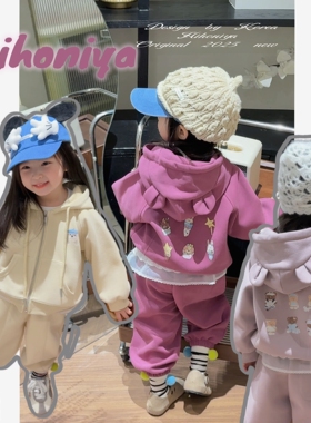 Spring韩国童装2025秋季新款宝宝卡通小熊套装女童连帽卫衣两件套