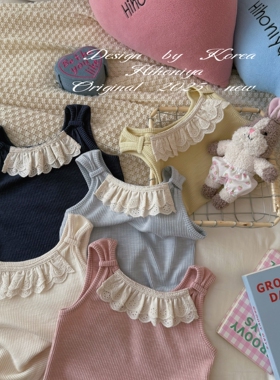Spring韩国童装2025夏季新款宝宝蕾丝边甜美休闲背心女童无袖T恤