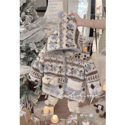 Spring韩国童装2025年冬季亲子费尔岛羊羔毛连帽外套女童保暖衣服