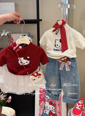 Spring韩国童装2025春季新款亲子可爱Kitty猫短袖毛衣女童针织衫