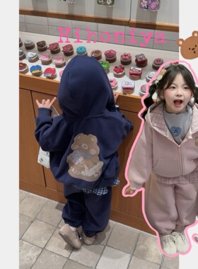 Spring韩国童装2026秋季新款宝宝可爱卡通小熊格纹帽衫女童屁帘裤