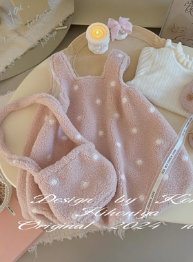 Spring韩国童装2024冬季新款可爱粉嫩毛毛波点背心裙韩版宝宝款