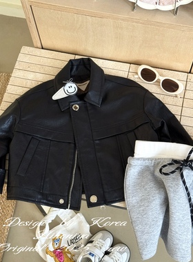 Spring韩国童装2025年秋季新款亲子黑色高级皮衣外套女童休闲夹克