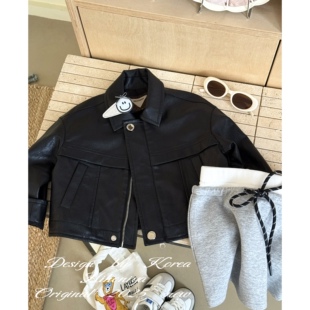 Spring韩国童装2025年秋季新款亲子黑色高级皮衣外套女童休闲夹克