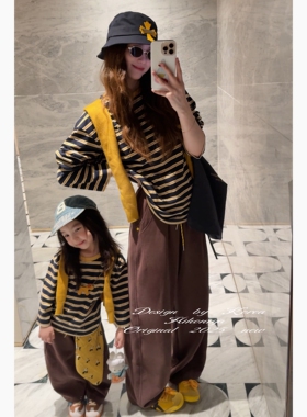 Spring韩国童装2025年秋季新款亲子小狗条纹撞色长袖T恤女童卫衣