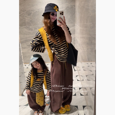 Spring韩国童装2025年秋季新款亲子小狗条纹撞色长袖T恤女童卫衣