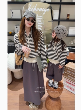 Spring韩国童装2025秋季新款亲子条纹洋气立领卫衣女童束脚裤套装