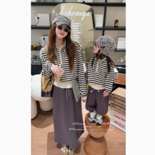 套装 Spring韩国童装 亲子条纹洋气立领卫衣女童束脚裤 新款 2025秋季