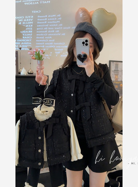 Spring韩国童装 黑色蝴蝶结小香风亲子马甲儿童秋冬重工无袖外套