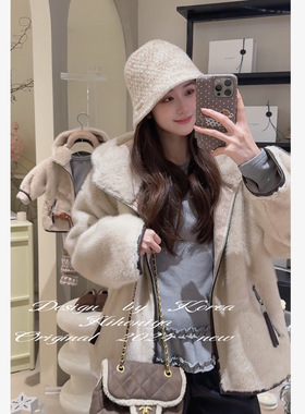 Spring韩国童装2024冬季亲子款可爱麂皮毛毛衣服女童韩版连帽外套