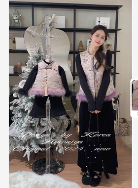 Spring韩国童装2024冬亲子款国风云纹驼鸟毛韩版马甲女童保暖马夹