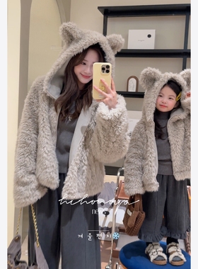 Spring韩国童装2025年秋冬新款亲子羊羔毛仿皮草外套女童连帽衣服